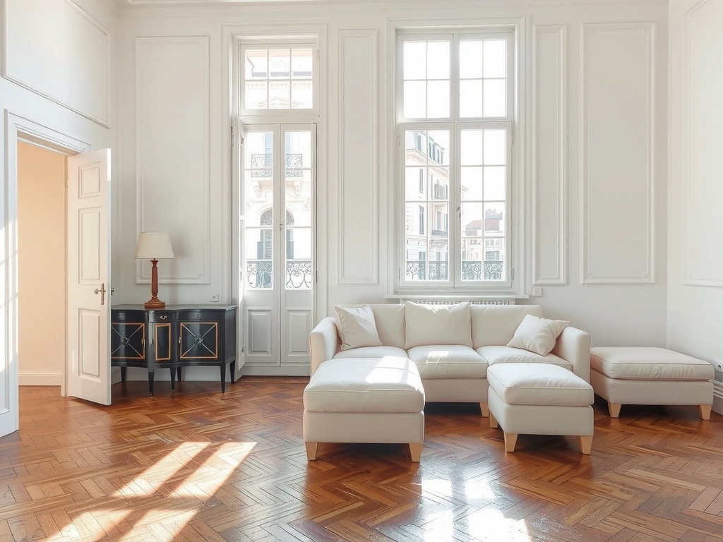 A serene, sunlit Parisian apartment interior, showcasing clean lines and polished surfaces